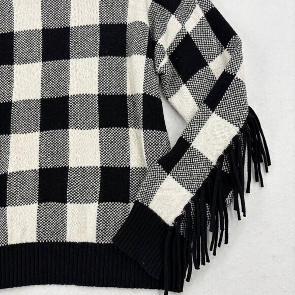 Ralph Lauren Fringe Sweater Size M Black White Buffalo Plaid Wool Blend - Picture 4 of 11